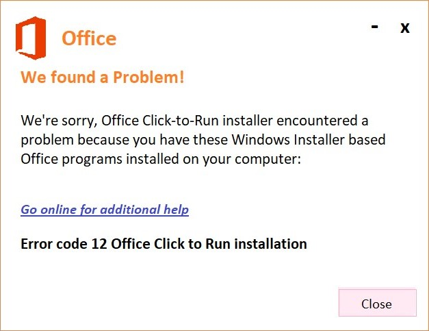 Error code 12 Office Click to Run installation